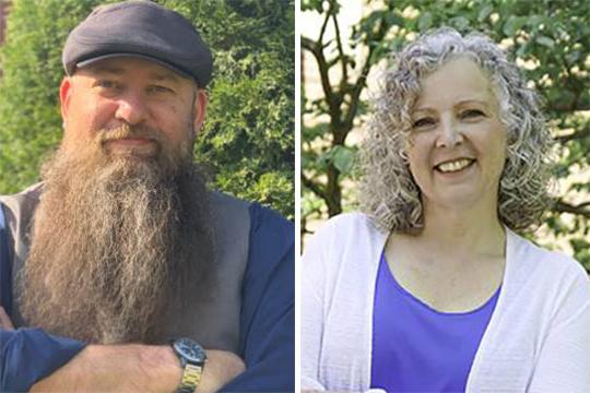 two headshots, one a woman, one a man with beard and hat